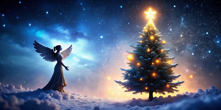 Silhouette Angel Christmas Tree, Snowy Winter Wonderland, Festive Holiday Scene,  Dark Background, Backlit, Elegant, Magical