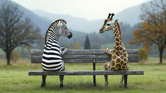 Zebra and a giraffe are sitting on a bench talking. Creative concept of friendship of different persons and different characters.