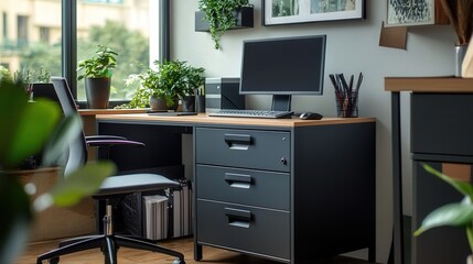 compact filing cabinet with a simple, modern design, ideal for an at-home work setup.