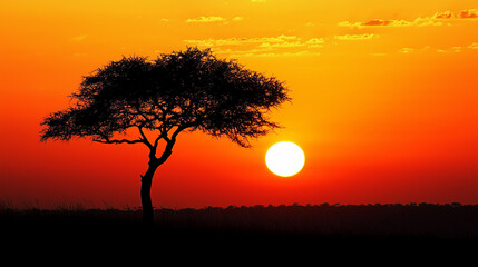 Obraz premium Majestic African Acacia Tree Silhouette at Vibrant Sunset on Serengeti Plains