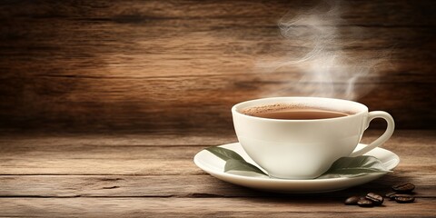 Obraz premium Steaming Hot Coffee Cup on Rustic Wood Table