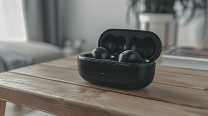 Stylish Black Wireless Earbuds Charging Case on Wooden Table