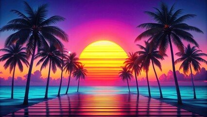Obraz premium Silhouettes of palm trees stand tall against a vibrant sunset, casting long shadows over the calm ocean waters, creating a surreal and dreamy landscape.