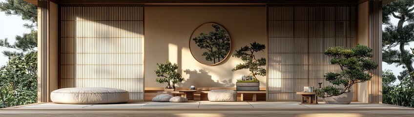 Zen Oasis Living Room: Tatami Mats, Shoji Screens, and Bonsai Elegance