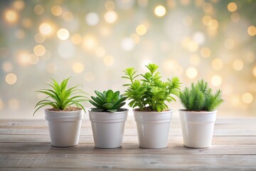Fototapeta premium Small Green Plants White Pots Wooden Desk White Background Text Space - Eye Level Photography