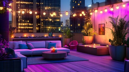 A rooftop terrace adorned with glowing lights stylish lounge furniture and a DJ booth for a vibrant...