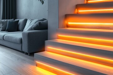 A contemporary staircase with LED strips glowing in soft orange, casting a warm hue on