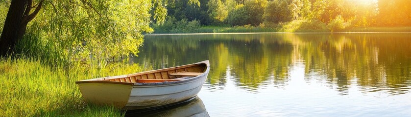 Obraz premium slow life relaxation concept. Serene lake scene with a boat and lush greenery illuminated by golden sunlight.
