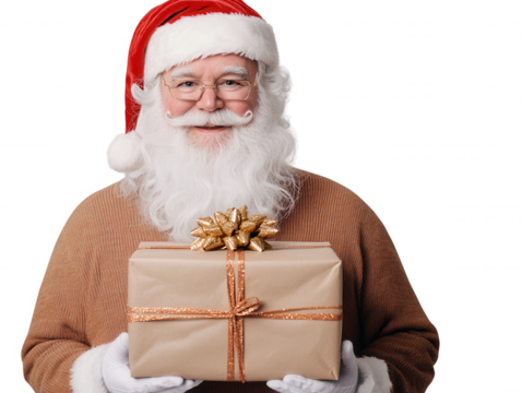 Jolly Santa Claus in Festive Attire Holding a Wrapped Gift with a Golden Bow, Perfect for Holiday Themes, Christmas Celebrations, and Seasonal Cheer