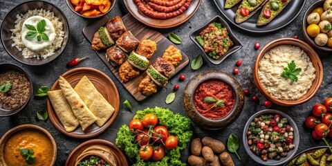 Fototapeta premium A Feast of Flavors A Variety of Dishes Arranged in a Colorful and Appealing Presentation