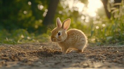Fototapeta premium A small rabbit exploring a sunlit, grassy area, showcasing nature's beauty.
