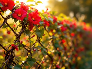 Obraz premium Vibrant Red Flowers Blooming in the Golden Sunlight