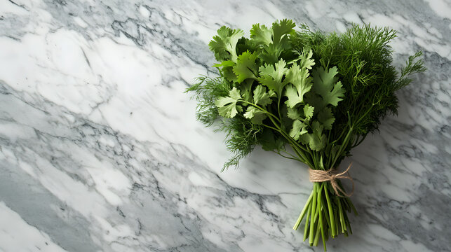 A freshly prepared herbal bouquet of parsley cilantro and dill tied with twine displayed on a marble countertop.