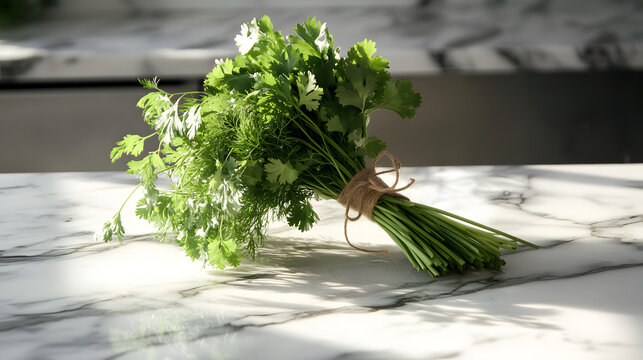 A freshly prepared herbal bouquet of parsley cilantro and dill tied with twine displayed on a marble countertop.