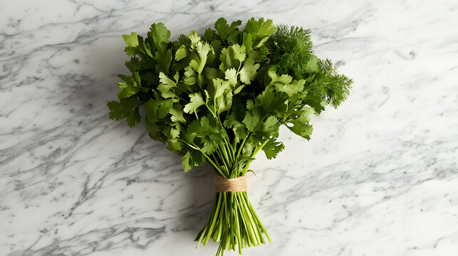 A freshly prepared herbal bouquet of parsley cilantro and dill tied with twine displayed on a marble countertop.