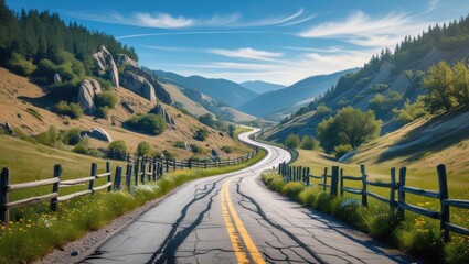 A serpentine country road, lined with rustic wooden fences and overgrown with wildflowers, winds its way across the undulating mountains, its asphalt surface worn and cracked, fading into the distance