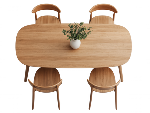 Modern wooden dining table with minimalistic chairs and a potted plant centerpiece, showcasing contemporary interior from an overhead perspective