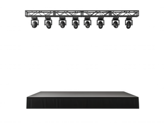 Professional Stage Setup with Spotlight Lighting Equipment and Black Stage Platform for Performances, Events, Presentations, and Productions in a Studio Environment