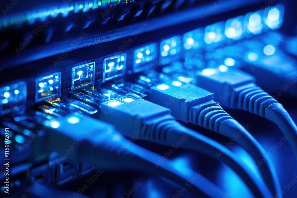 Poster network switch with ethernet cables connected.