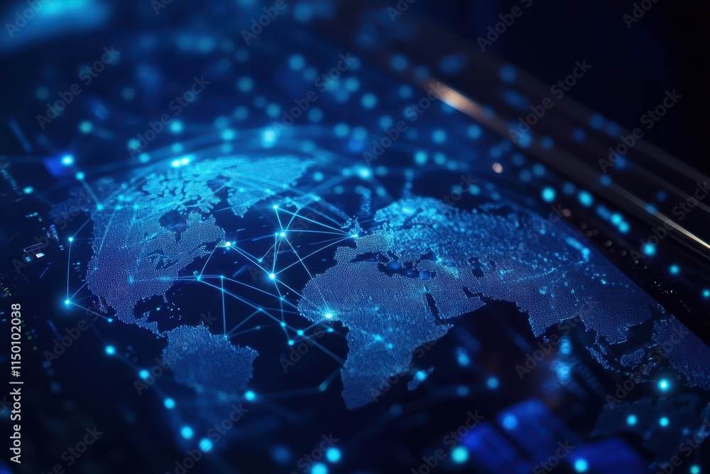 Poster global network connection visualization on digital screen.