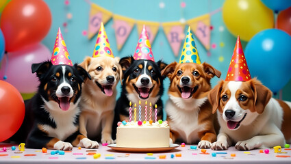 A group of cheerful dogs in party hats around a birthday cake with festive decorations.

