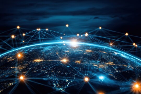 Global network connection, illuminated earth at night.