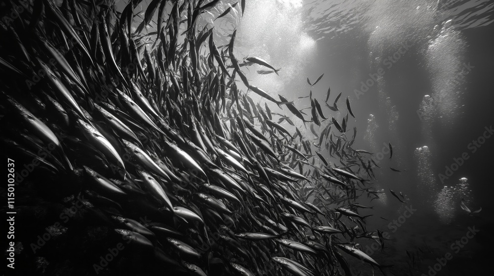 Poster A massive school of barracuda circles gracefully in the clear ocean water, reflecting light and creating a mesmerizing display of synchronized movement during a vibrant underwater adventure