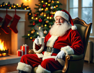 Jolly Santa by the Fireplace with Christmas Cheer, drinking hot chocolate
