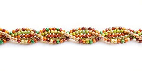 A delicate strand of multi-colored beads, interwoven with a golden thread, creates a graceful wave on a stark white background.