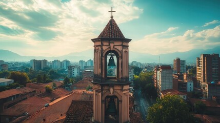 church bell tower standing proudly in the city, with the surrounding cityscape offering a modern contrast
