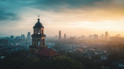 church bell tower standing proudly in the city, with the surrounding cityscape offering a modern contrast