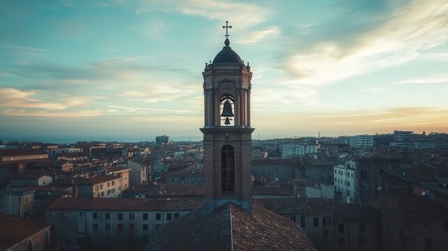 church bell tower standing proudly in the city, with the surrounding cityscape offering a modern contrast