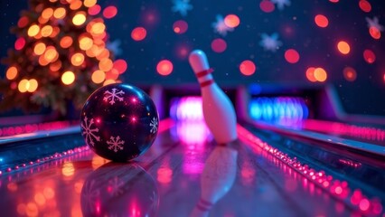 Dark ball with snowflakes knocking down pins on the lane, in a bowling alley decorated for Christmas, festive atmosphere, New Years background, copy space