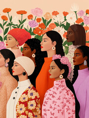 A vibrant Women’s Day poster featuring an empowering illustration of diverse women in bold poses, surrounded by modern floral and geometric designs.