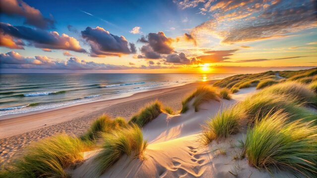 Golden sunset casting warm hues over a sandy beach, framed by lush green dunes and gentle waves rolling in