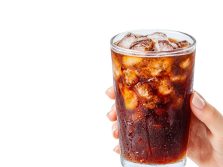 Refreshing Glass of Iced Beverage with Ice Cubes Held in Hand Against a Dark Background, Perfect for Summer Vibes and Thirst Quenching Moments