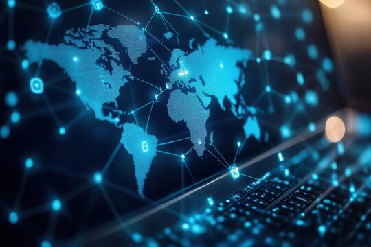 Global network connection on laptop screen. (2) - Powered by Adobe