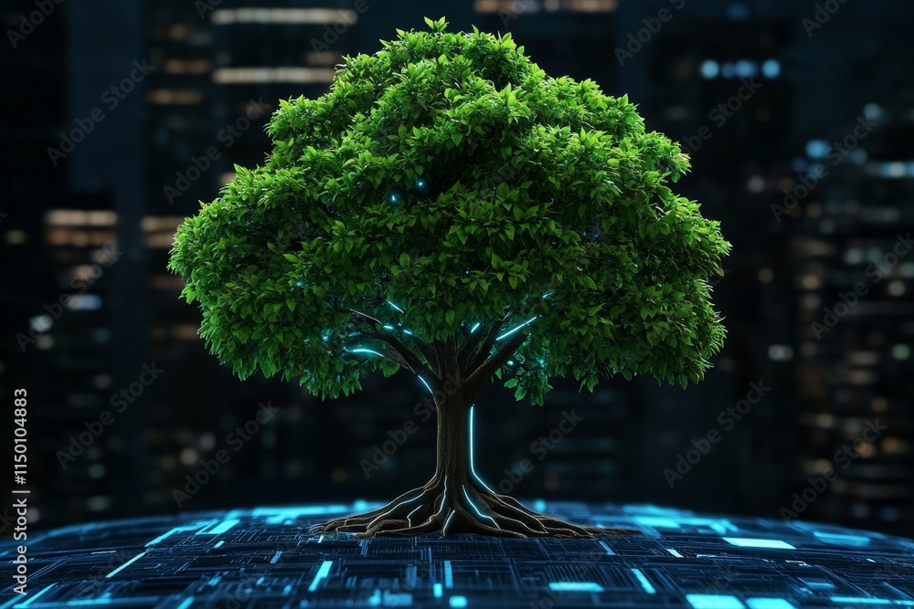 Poster a bioengineered tree with glowing leaves in a futuristic urban setting, symbolizing advances in biot