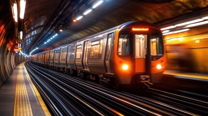 Fototapeta premium A fast-paced 4K photo of a train in motion within an underground tunnel, the blurred details creating an abstract urban aesthetic