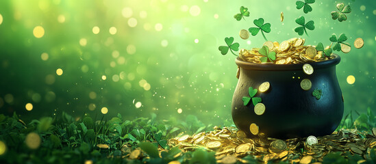 A magical St. Patrick's Day pot cauldron overflowing with shiny gold coins and clovers. Green gradient background, place for text, copy space, horizontal