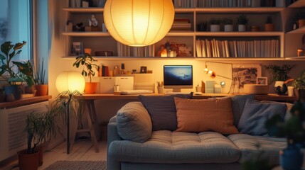 Cozy home office with desk, sofa, and warm lighting.