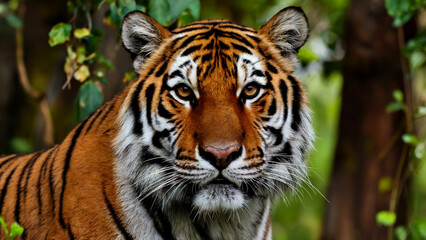 Fototapeta premium A detailed portrait of a tiger, emphasizing its captivating gaze and the intricate stripes of its coat.