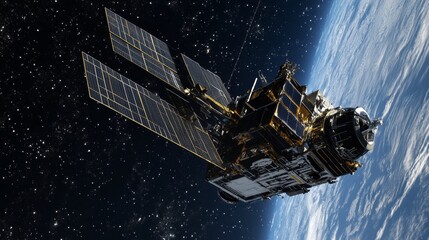 A state-of-the-art communication satellite with large solar panels orbiting the Earth in the vastness of space, demonstrating cutting-edge space technology
