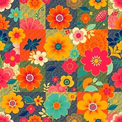 Vibrant Floral Patchwork: A captivating seamless pattern of bright, multicolored flowers arranged in a patchwork design.  Perfect for textile prints, fashion, and home decor. 