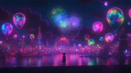 Joyful Nighttime Fireworks and Floating Balloons Display
