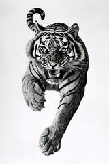 Obraz premium Full-body image of a tiger pouncing downwards, captured in an aggressive pose with its face showing intensity.