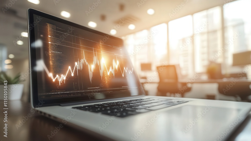 Poster design a stock market thumbnail with a professional atmosphere, showing a close-up of a laptop displ