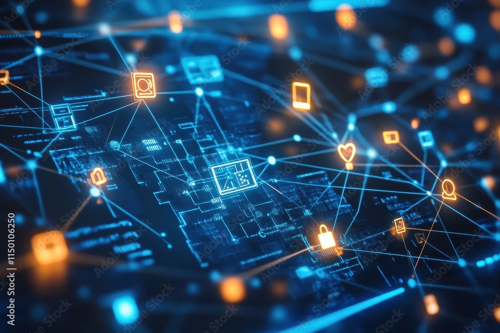 Poster abstract digital network with glowing nodes and connections. (6)