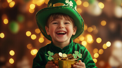 Smiling joyful child dressed in St. Patrick's Day attire, playful leprechaun hat and shamrock accessories hold pot. festive and cheerful background, with clover decorations, golden sparkles.Horizontal