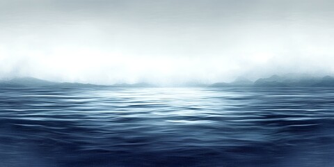 Fototapeta premium Serene Ocean Landscape Misty Mountains Calm Water Blue Hues